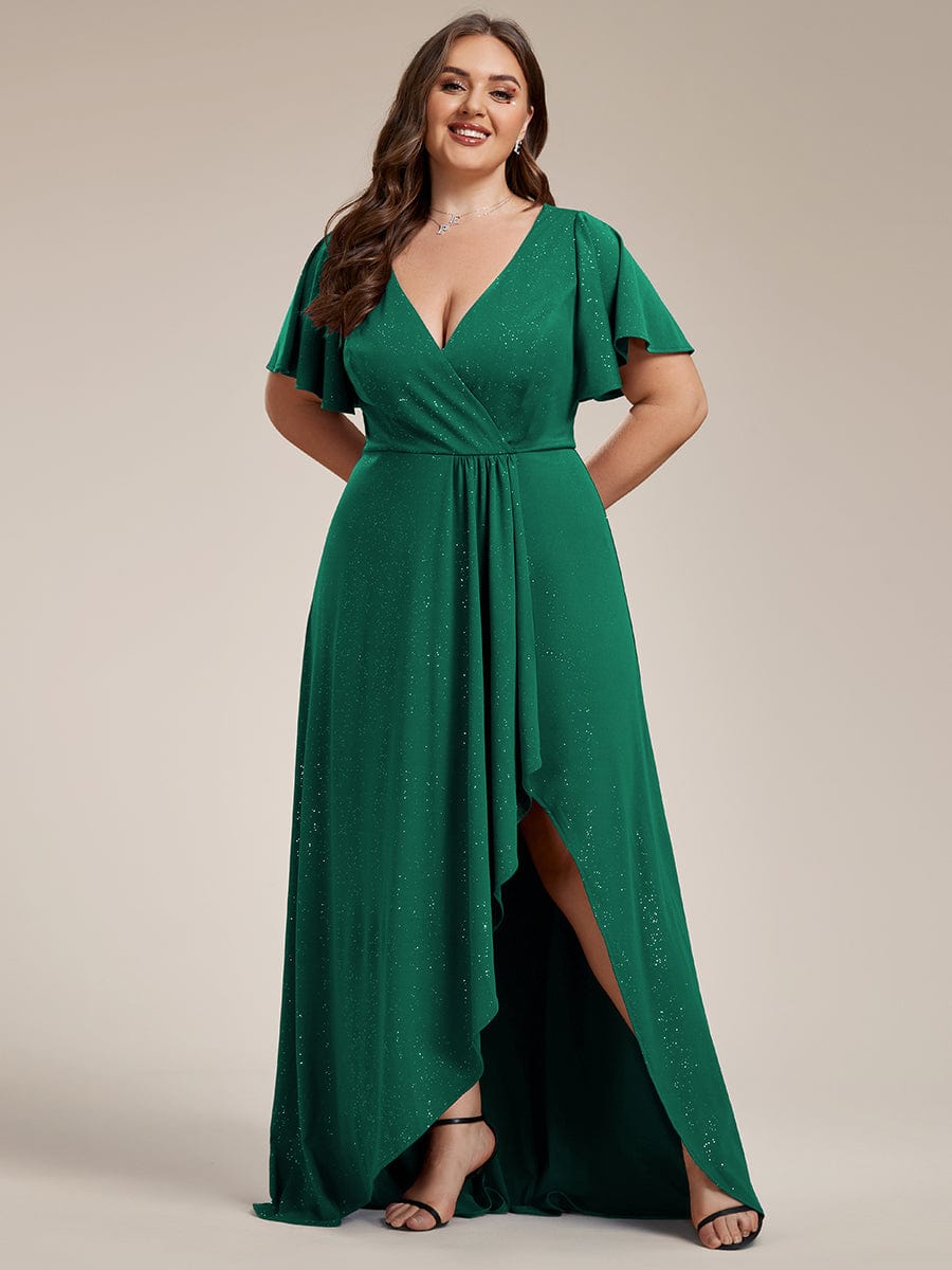 Custom Size High-Low Ruffled V-Neck Front Slit Glitter Evening Dress