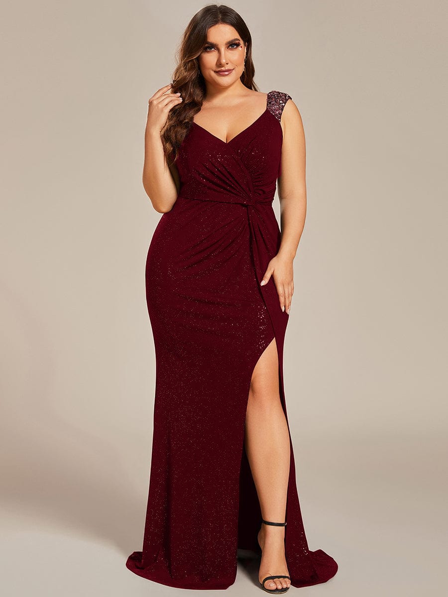 Custom Size Glitter V-Neck High Slit Sequin Shoulder Strap Evening Dress