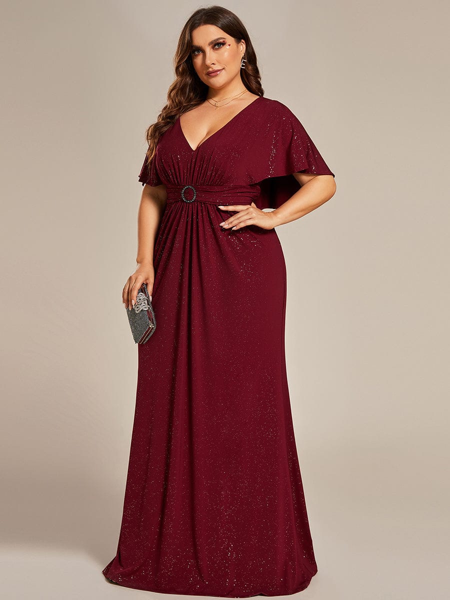 Custom Size Glitter Bat-Wing Sleeve Waist-Cinching Mermaid Evening Dress