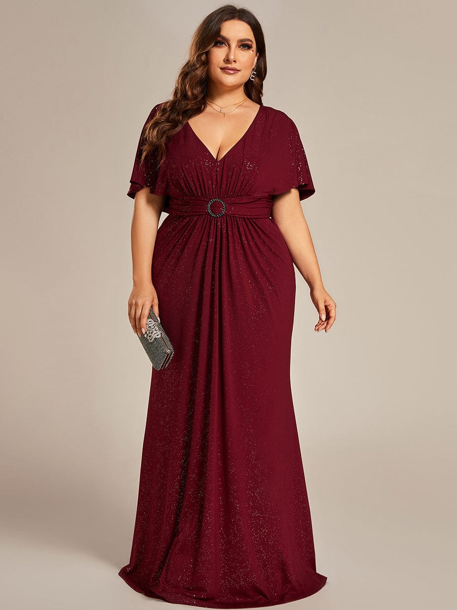 Custom Size Glitter Bat-Wing Sleeve Waist-Cinching Mermaid Evening Dress