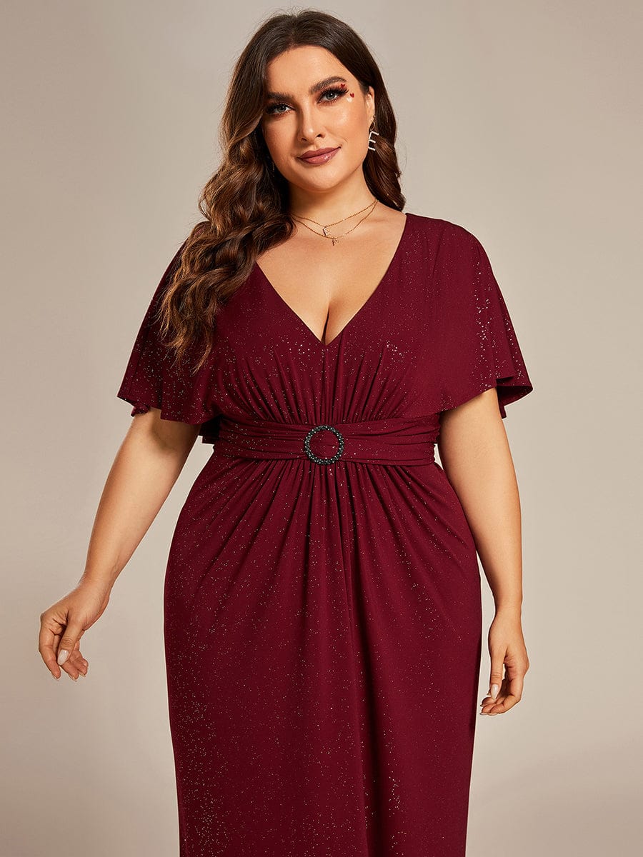 Custom Size Glitter Bat-Wing Sleeve Waist-Cinching Mermaid Evening Dress