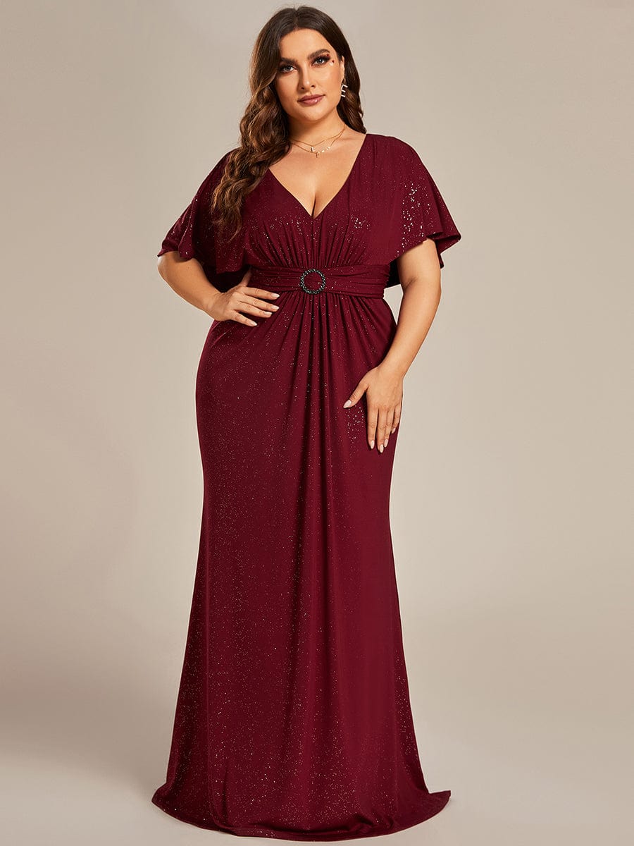 Custom Size Glitter Bat-Wing Sleeve Waist-Cinching Mermaid Evening Dress