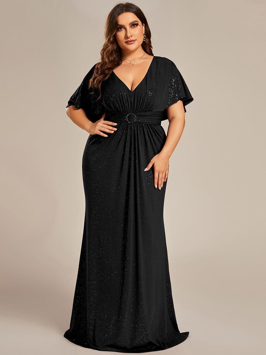 Custom Size Glitter Bat-Wing Sleeve Waist-Cinching Mermaid Evening Dress
