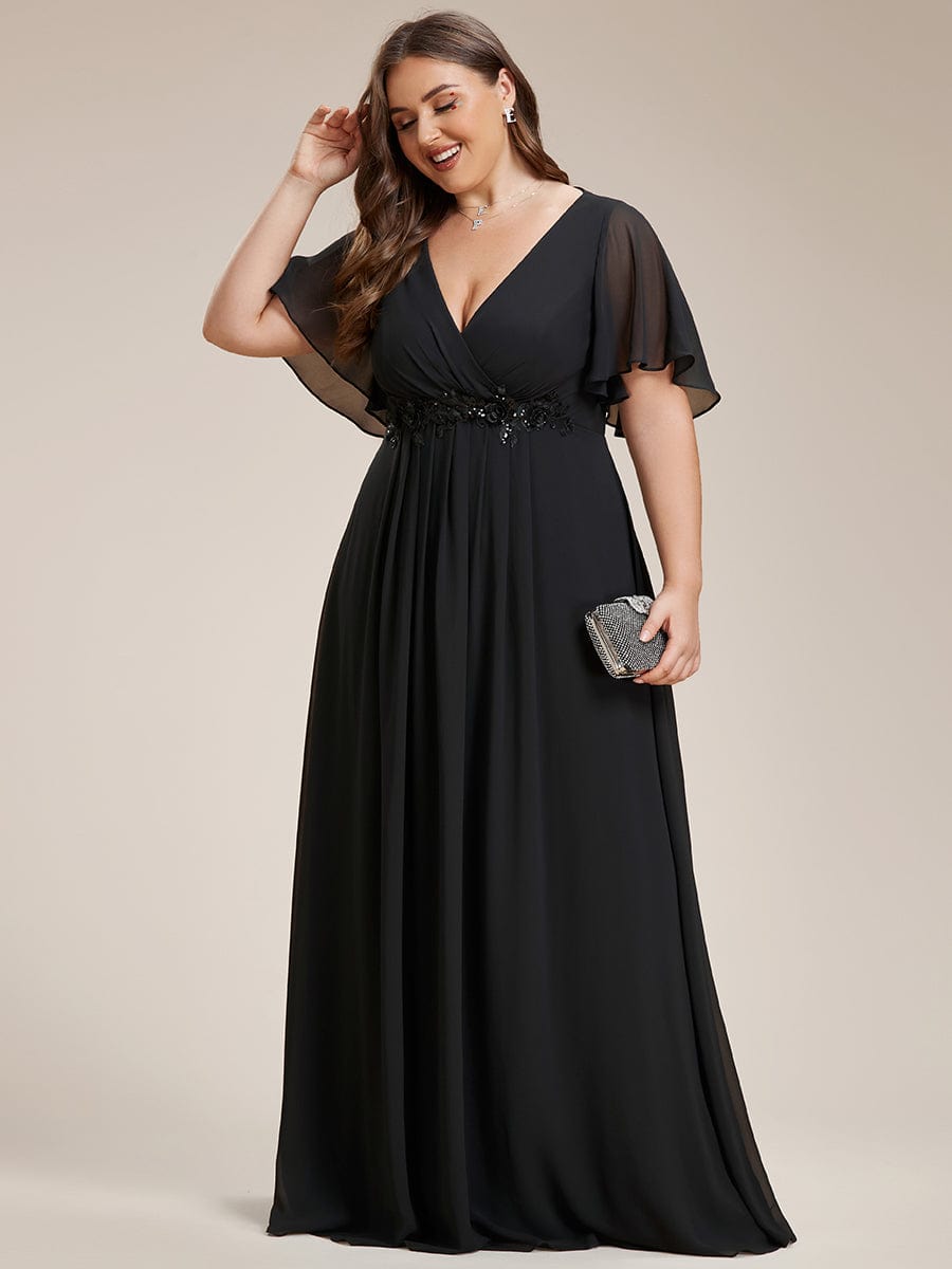 Plus Size Floral Applique Short Sleeve A-Line Chiffon Evening Dress