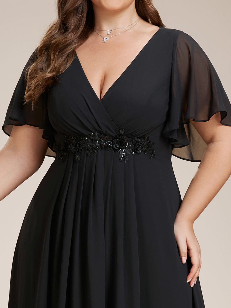 Plus Size Floral Applique Short Sleeve A-Line Chiffon Evening Dress