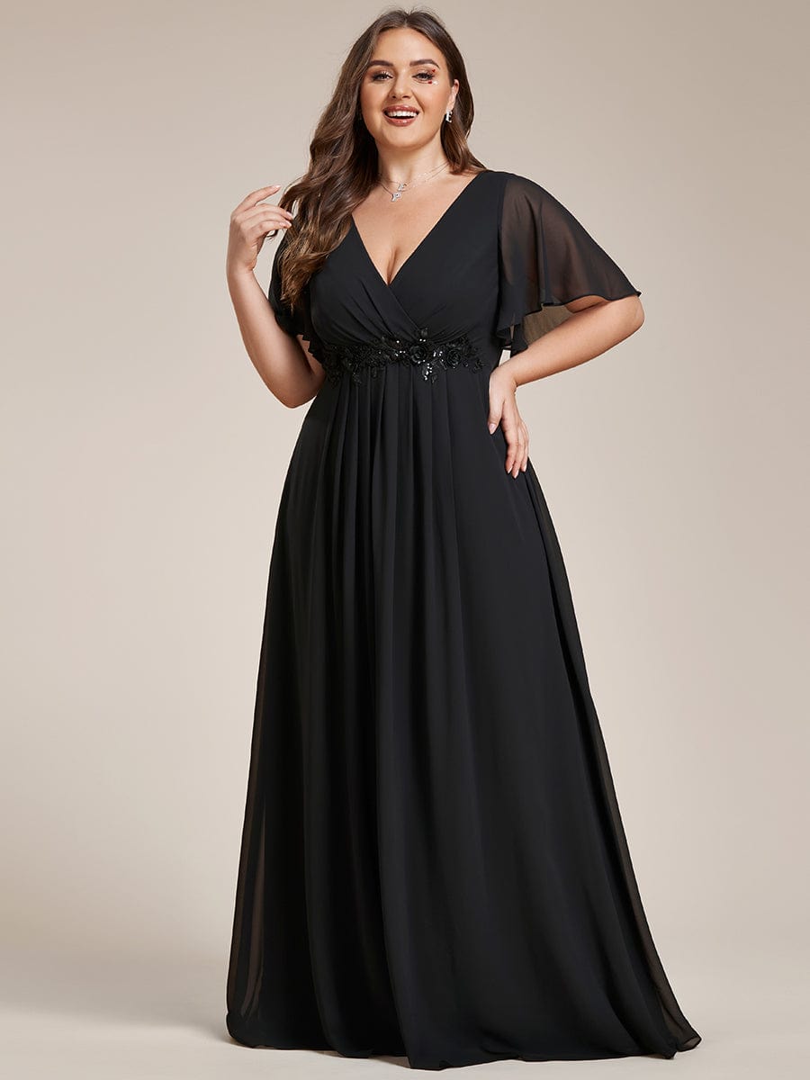 Plus Size Floral Applique Short Sleeve A-Line Chiffon Evening Dress