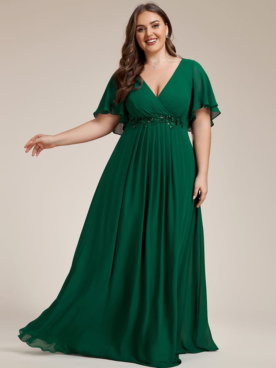 Plus Size Floral Applique Short Sleeve A-Line Chiffon Evening Dress