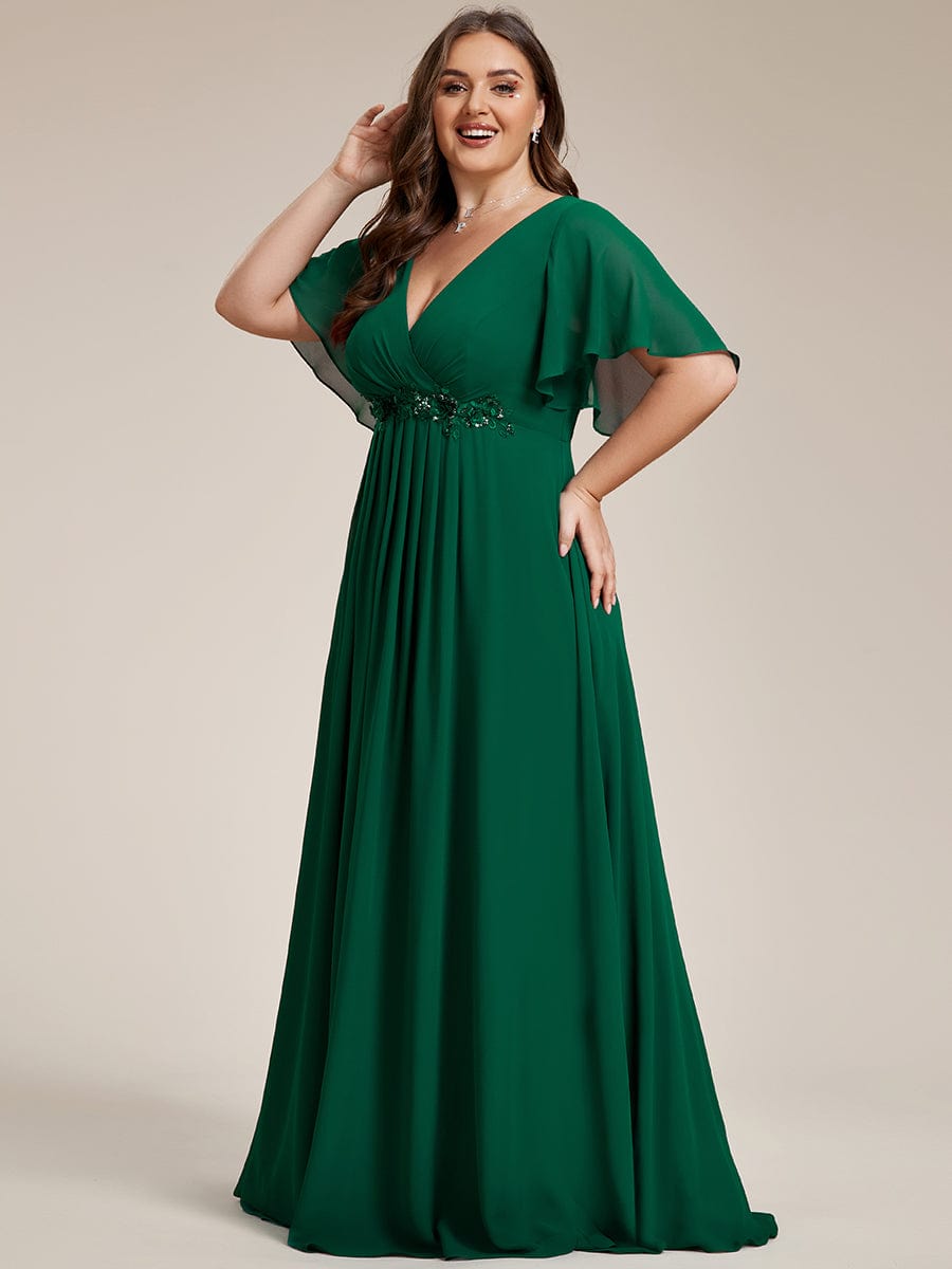 Plus Size Floral Applique Short Sleeve A-Line Chiffon Evening Dress