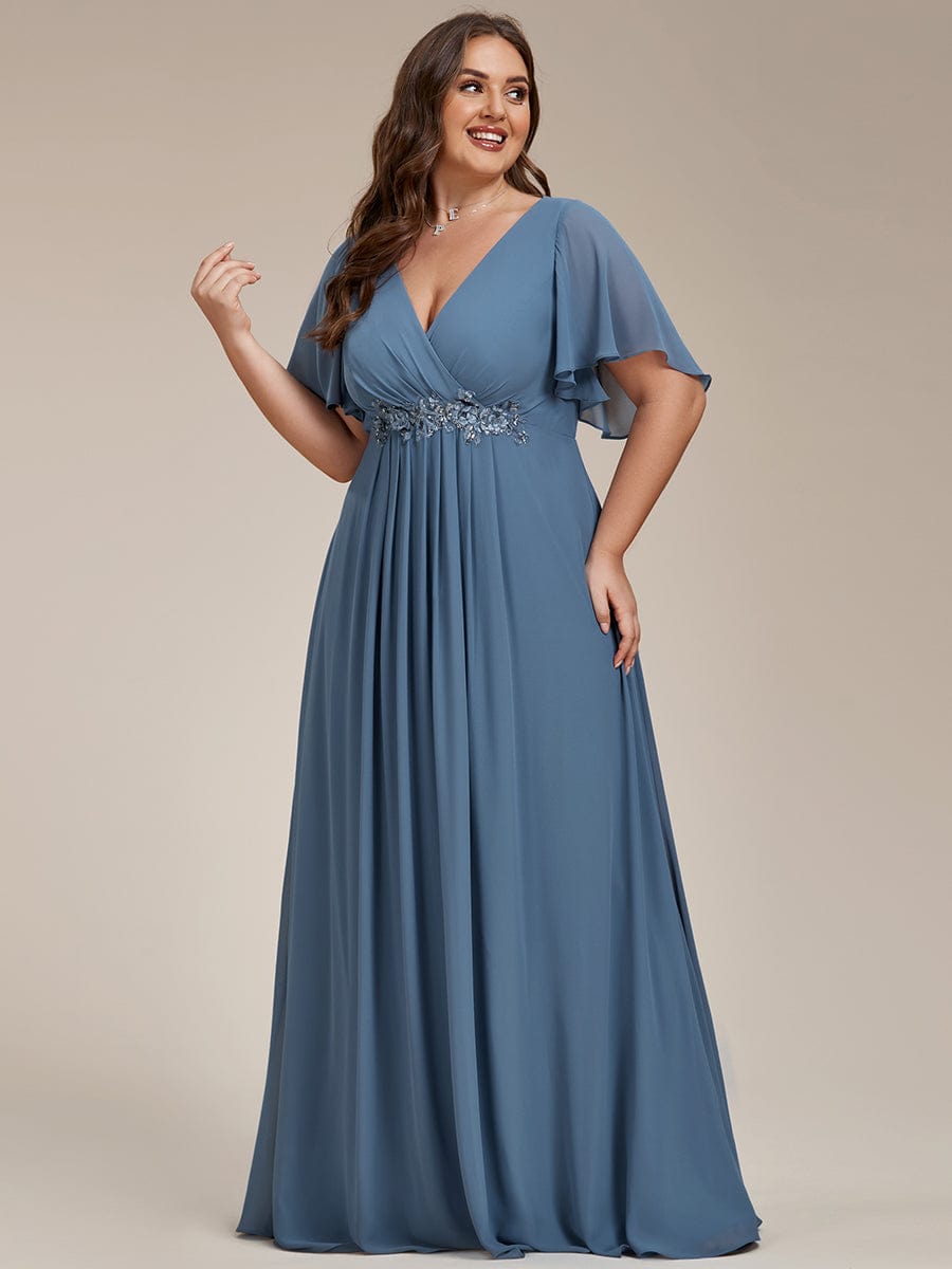 Plus Size Floral Applique Short Sleeve A-Line Chiffon Evening Dress