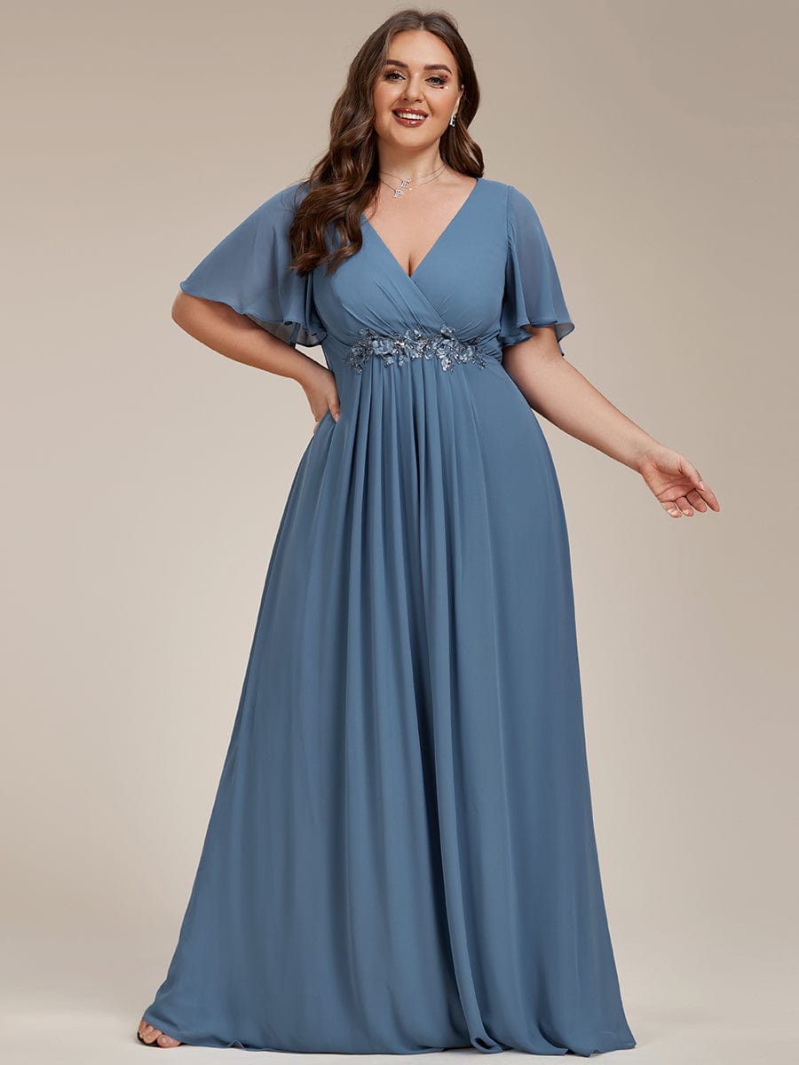Plus Size Floral Applique Short Sleeve A-Line Chiffon Evening Dress