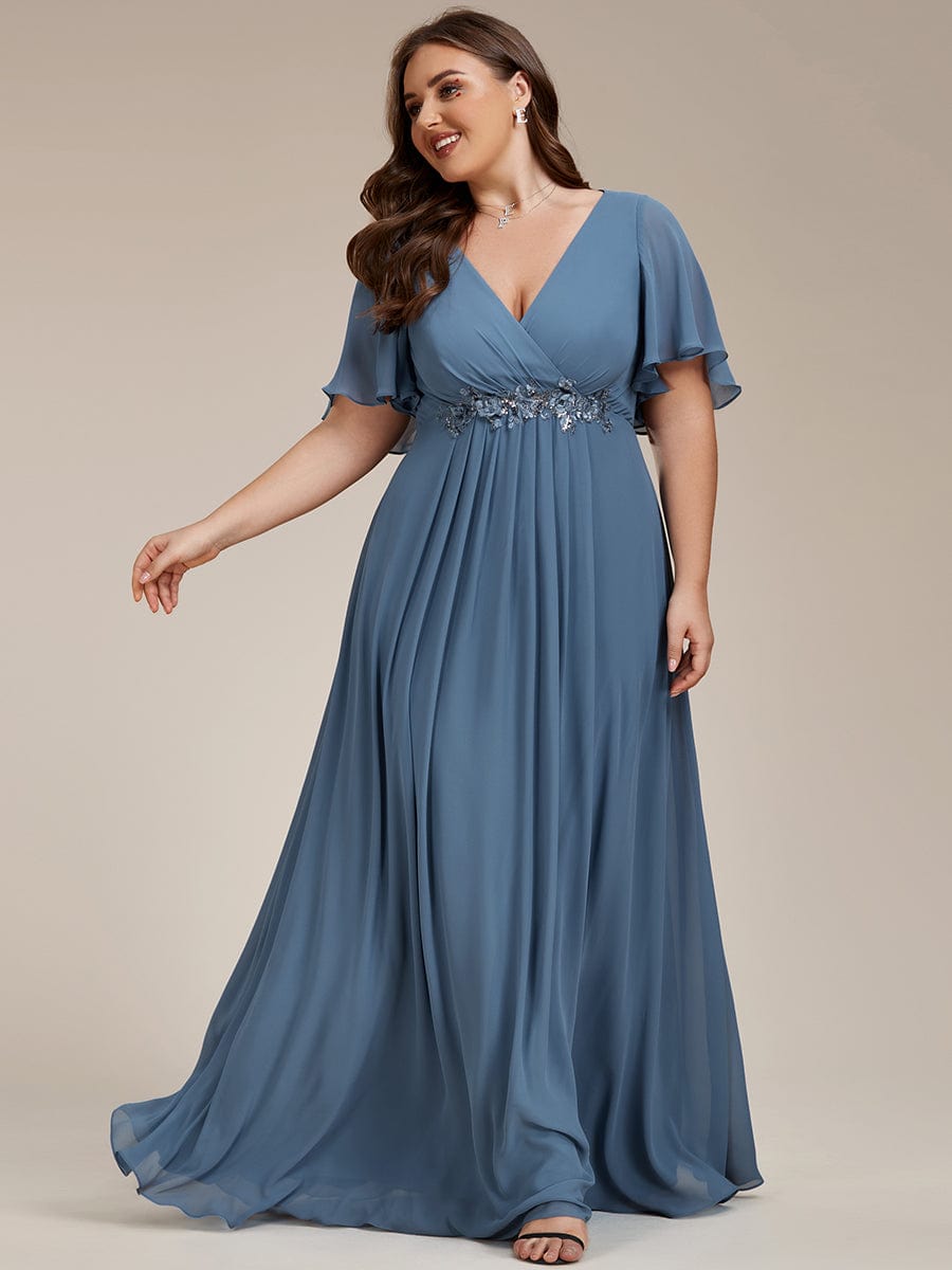 Plus Size Floral Applique Short Sleeve A-Line Chiffon Evening Dress
