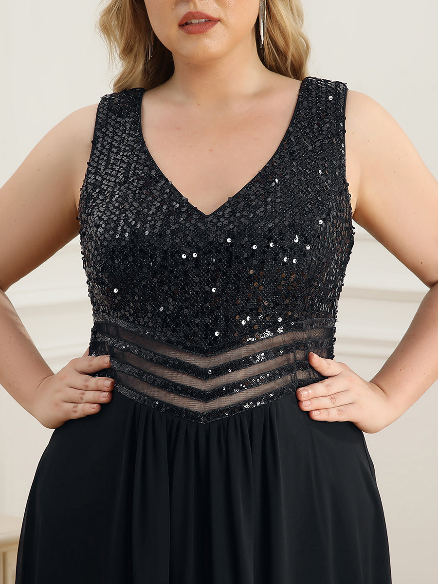 Sparkling Paillette & Chiffon V-neck A-line Sleeveless Plus Size Evening Gown