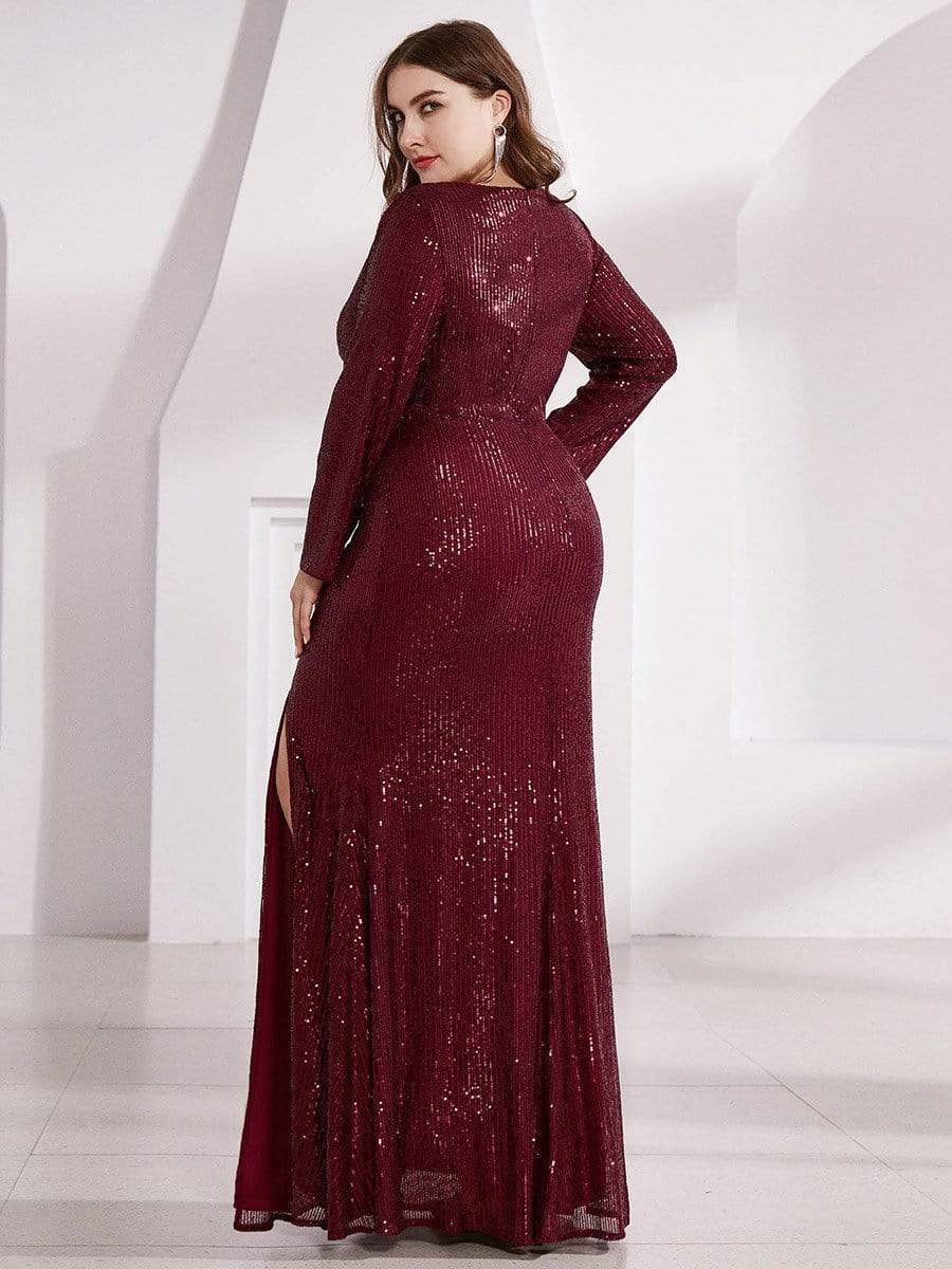 Custom Size Long Sleeves Deep V-Neck Sequin Bodice Formal Evening Gowns