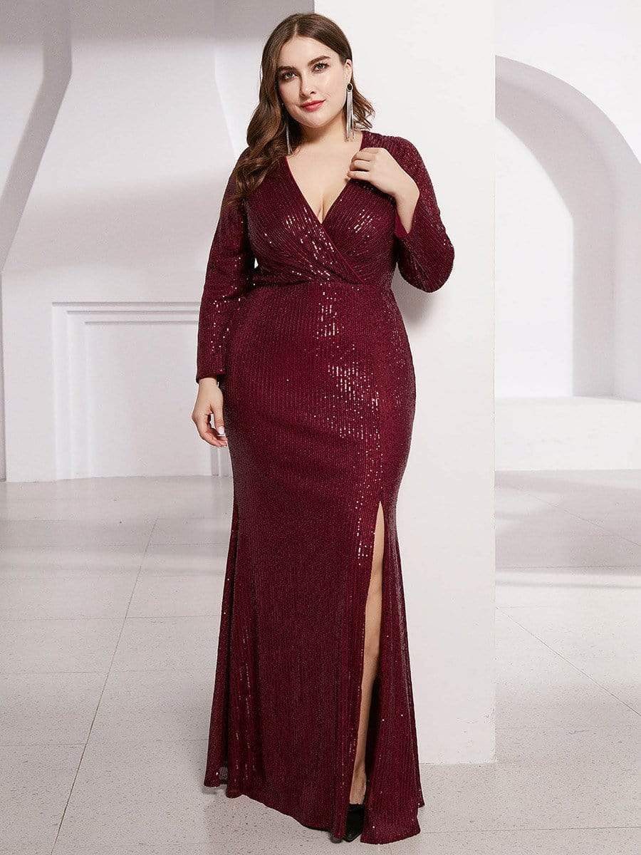 Custom Size Long Sleeves Deep V-Neck Sequin Bodice Formal Evening Gowns