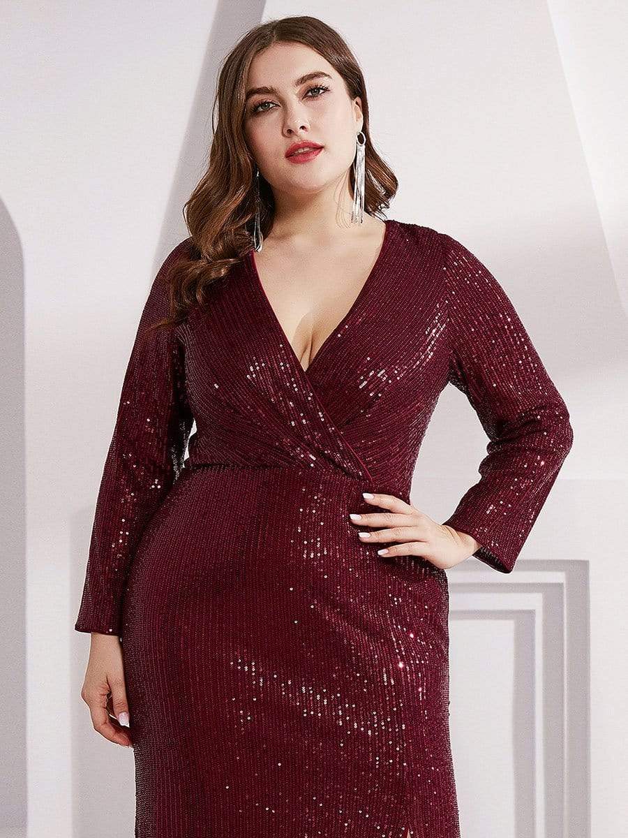 Custom Size Long Sleeves Deep V-Neck Sequin Bodice Formal Evening Gowns