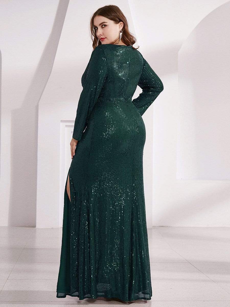 Custom Size Long Sleeves Deep V-Neck Sequin Bodice Formal Evening Gowns