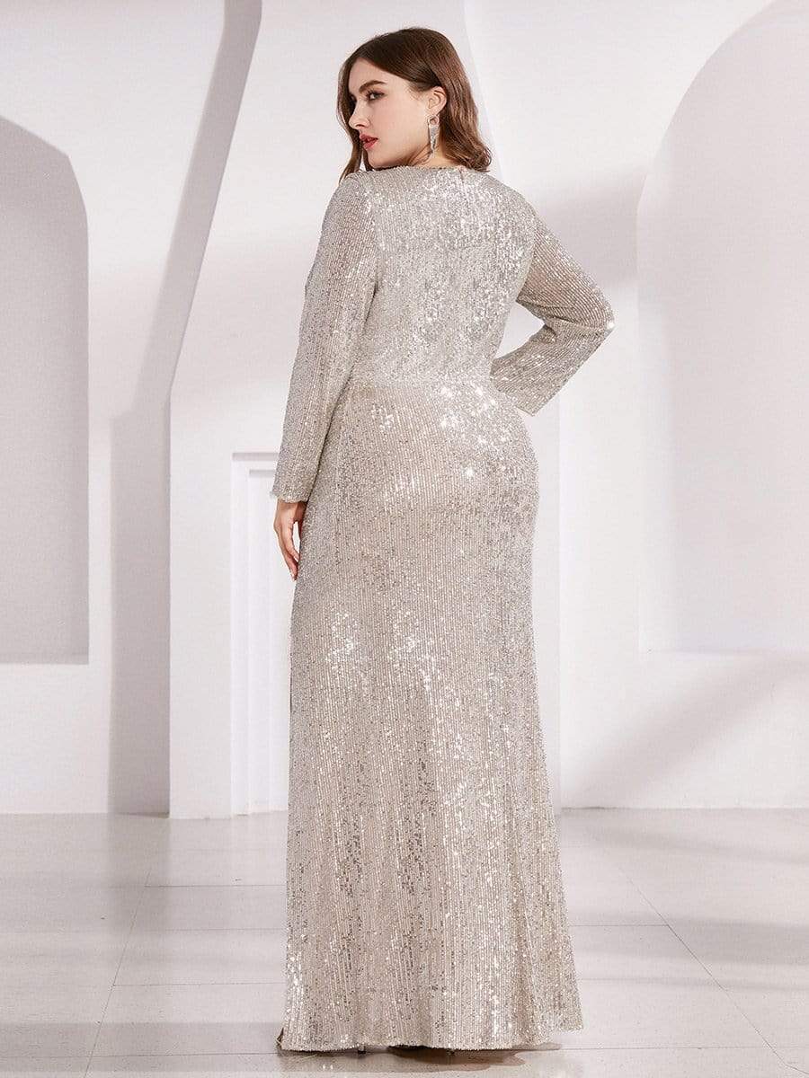 Custom Size Long Sleeves Deep V-Neck Sequin Bodice Formal Evening Gowns