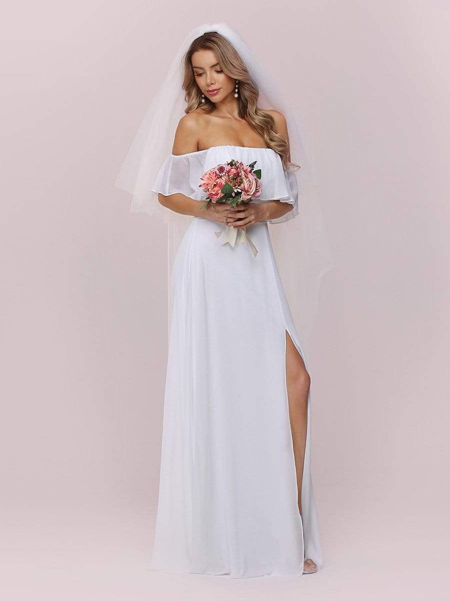 Plain Off Shoulder Wholesale Chiffon Wedding Dress with Side Split