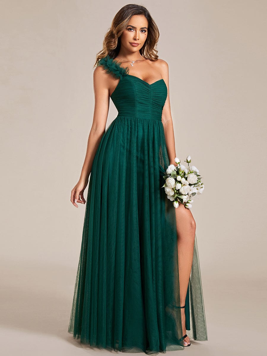Sweetheart Neckline One Shoulder with Floral Tulle High Slit Bridesmaid Dress