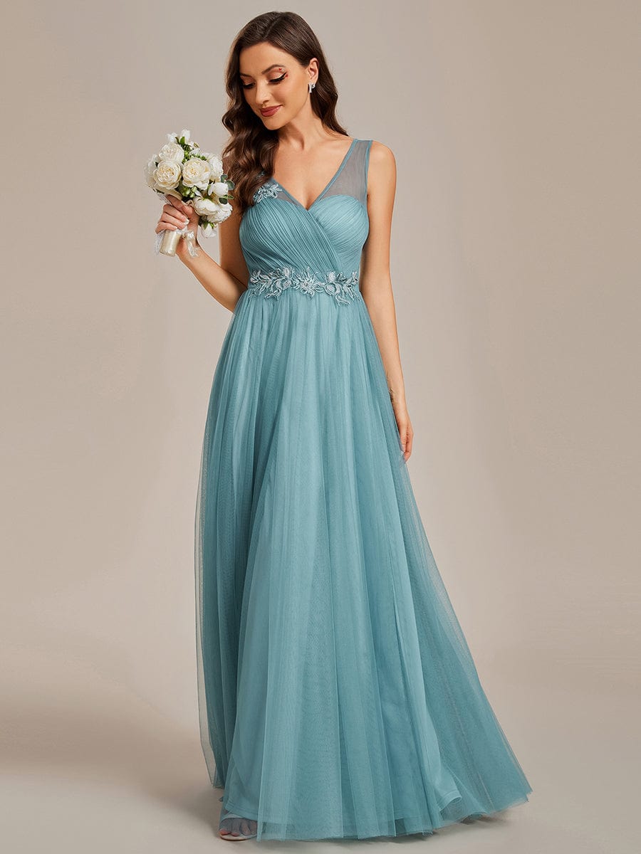 See-Through Shoulder Strap Flower Decoration Tulle Bridesmaid Dress