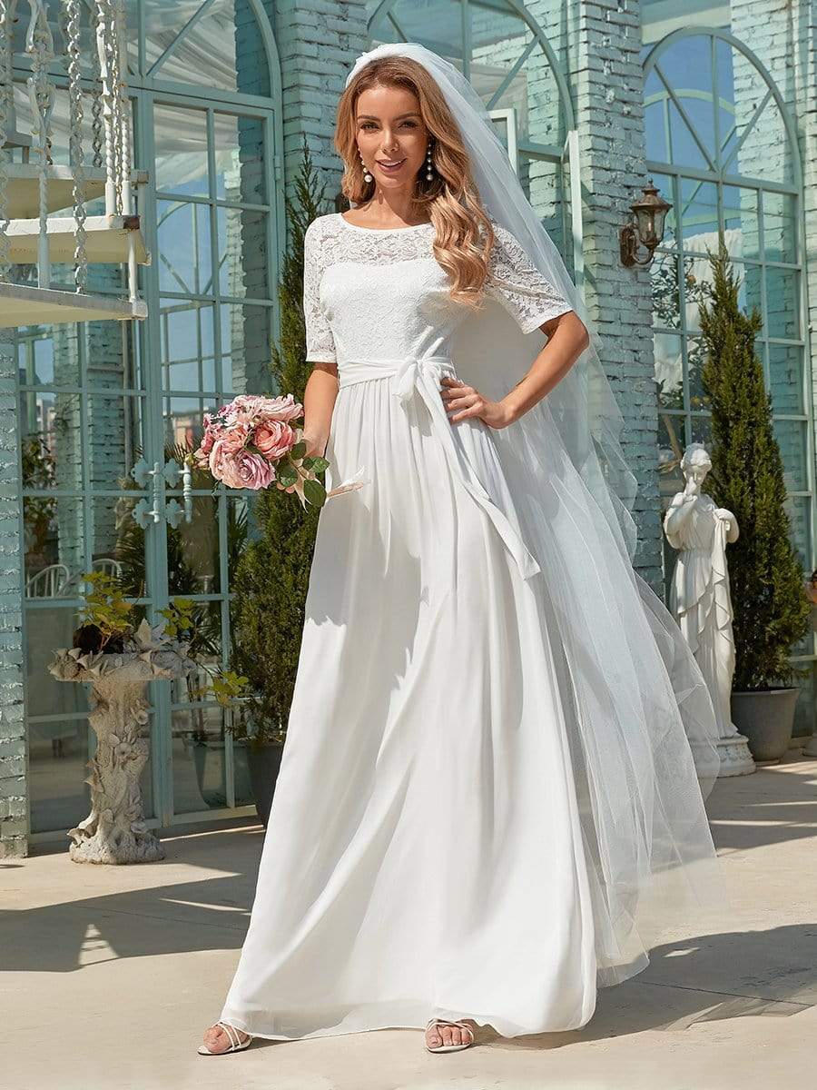 Wholesale Comfortable Chiffon Wedding Dress With Lace Short Sleeves