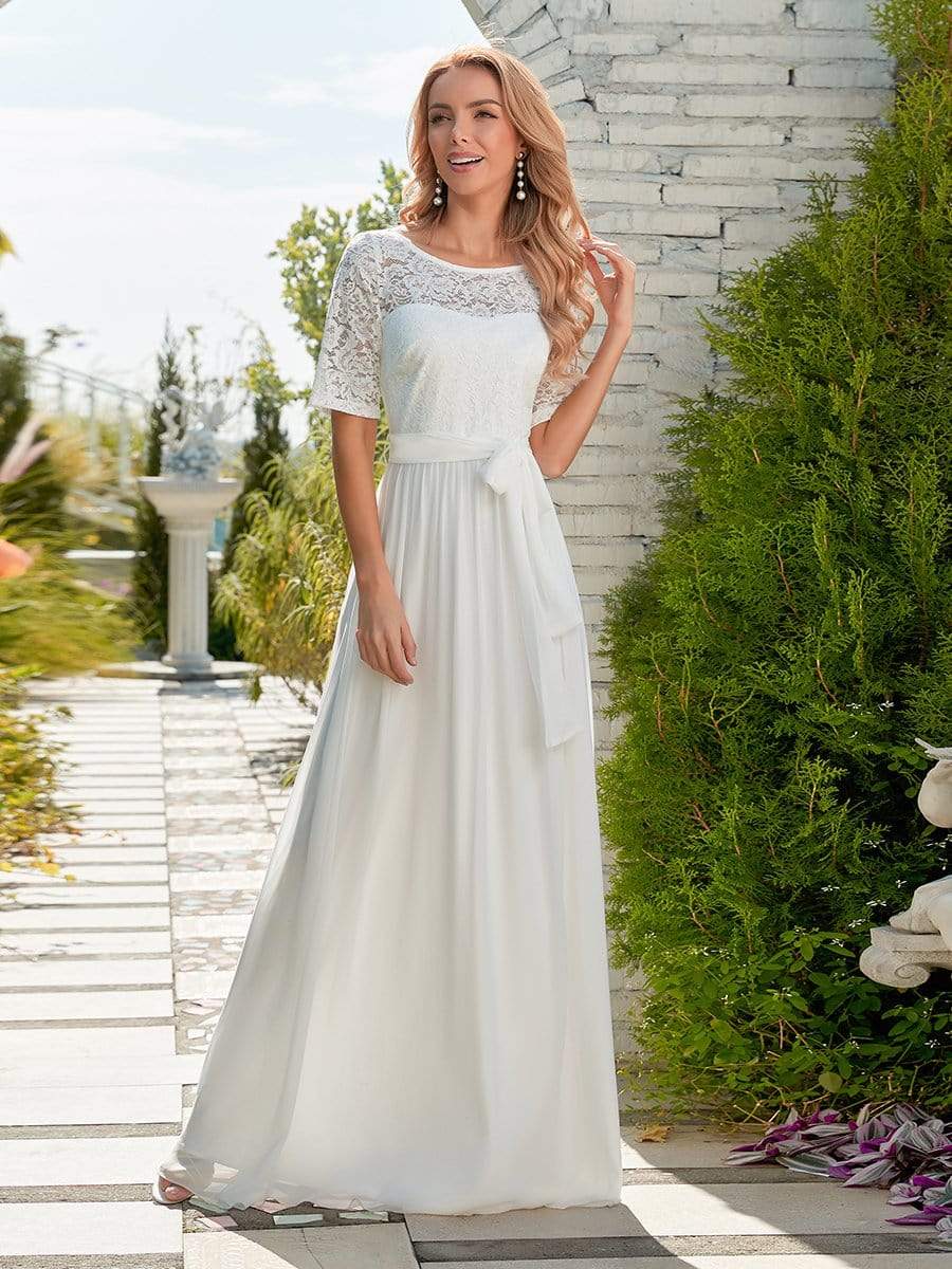 Wholesale Comfortable Chiffon Wedding Dress With Lace Short Sleeves