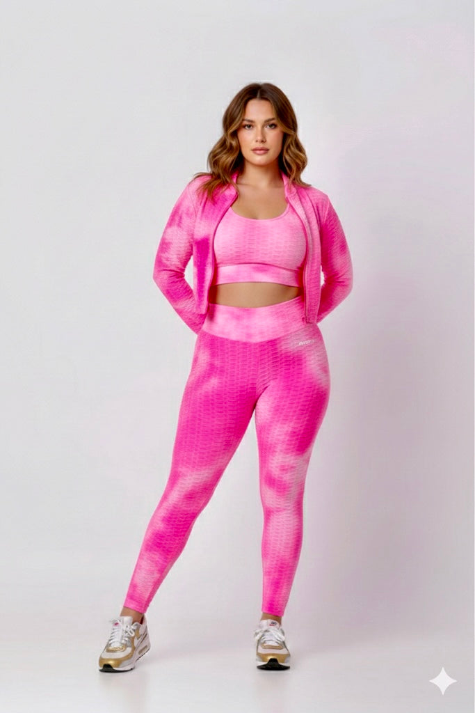 Women Soft Compression Seamless Tie Dye High Waist Leggings Bra and Jacket Set Pink
