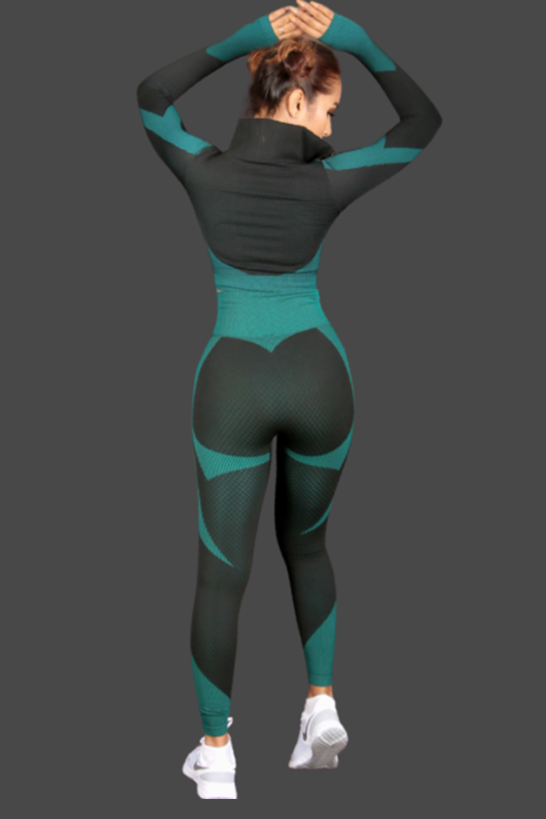 Seamless Women 3pcs Yoga Sets Fitness Sport Suit Long Sleeve Zipper with Sport Bra & Leggings Pants Black & Turquoise Green