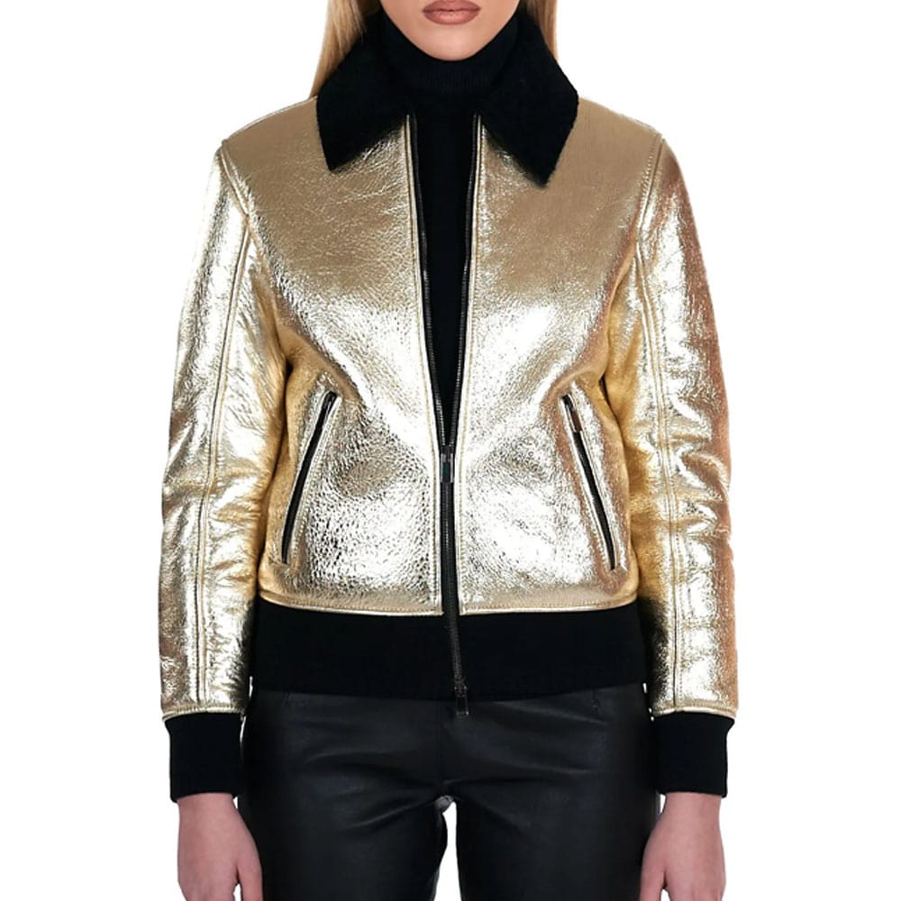 Gold laminated shearling bomber jacket