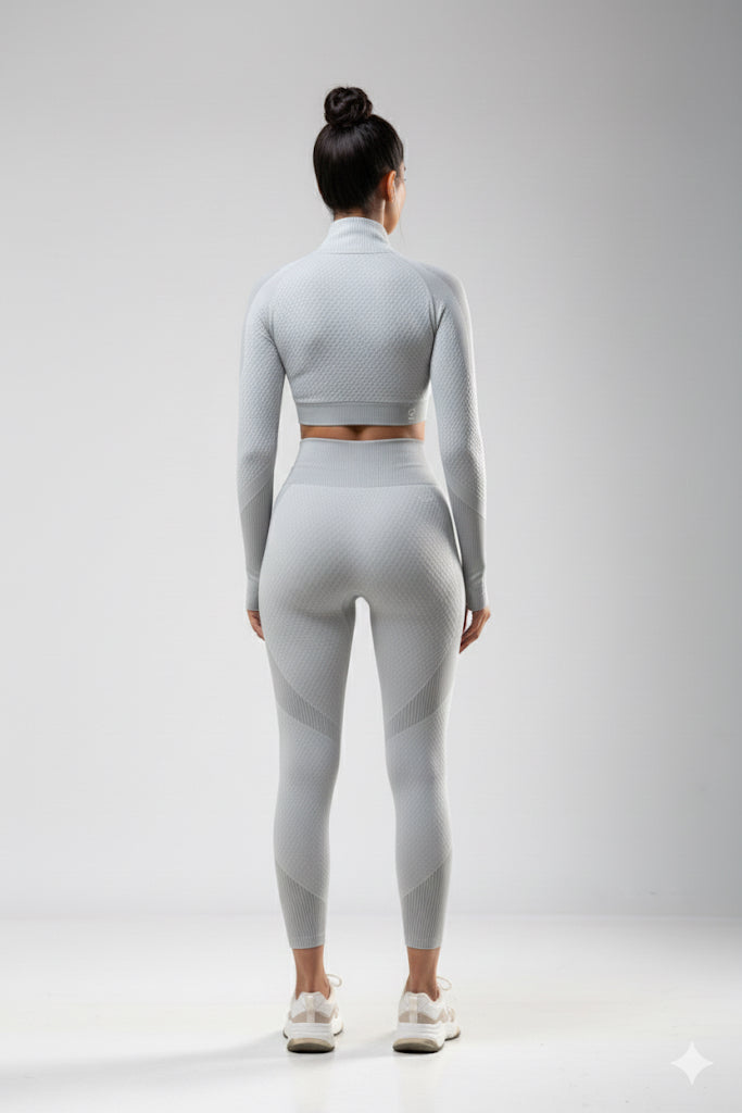 Women Seamless Workout Outfits 2pcs Sport Long Sleeve Zipper And Legging White Gray