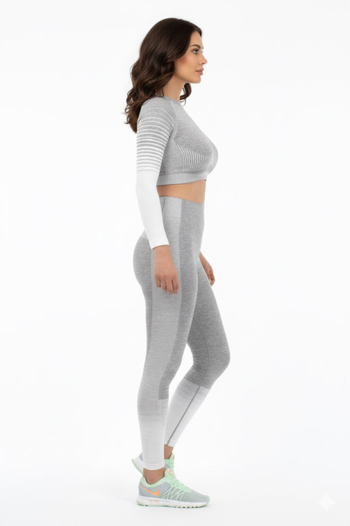 Women Seamless Workout Outfits Sport Long Sleeve And Legging White Gray