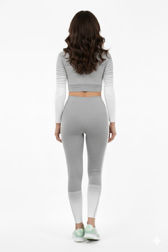 Women Seamless Workout Outfits Sport Long Sleeve And Legging White Gray