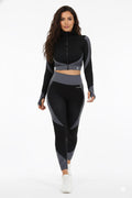 Seamless Women 3pcs Yoga Sets Fitness Sport Suit Long Sleeve Zipper with Sport Bra & Leggings Pants Black & Gray