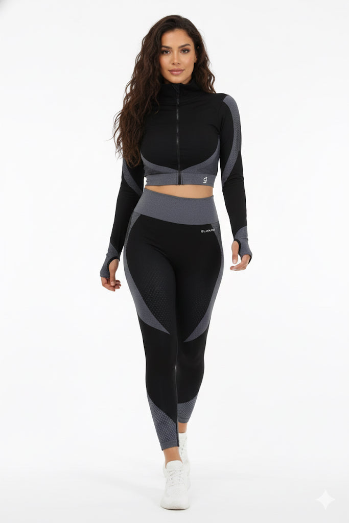 Women Seamless Workout Outfits 2pcs Sport Long Sleeve Zipper And Legging Black White