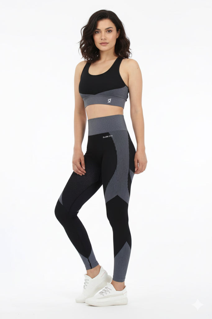Seamless Women 3pcs Yoga Sets Fitness Sport Suit Long Sleeve Zipper with Sport Bra & Leggings Pants Black & Gray