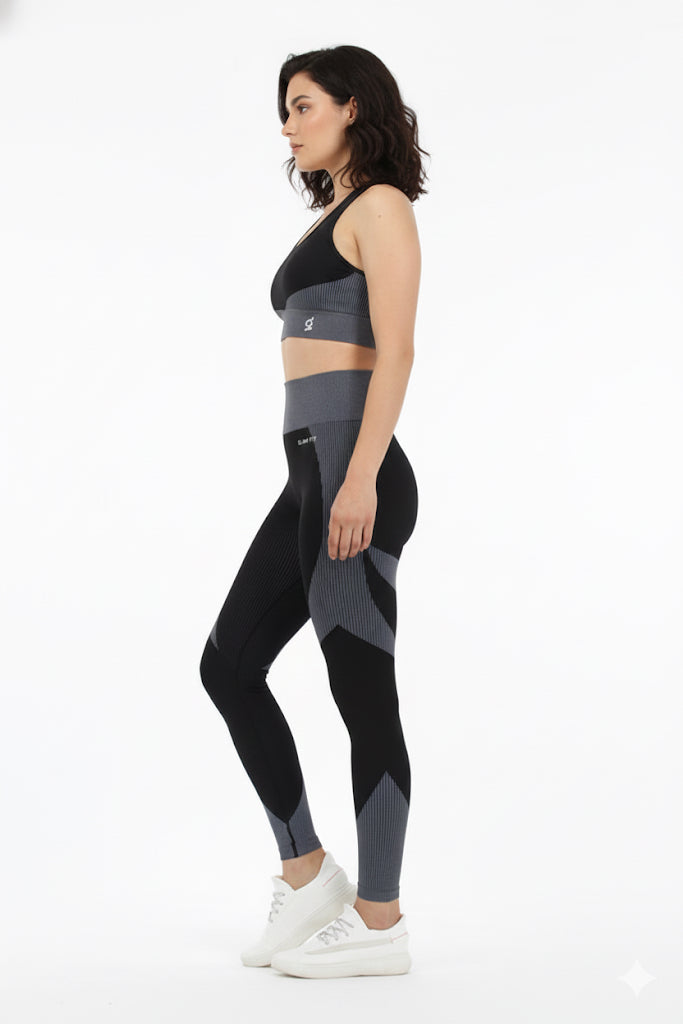 Seamless Women 3pcs Yoga Sets Fitness Sport Suit Long Sleeve Zipper with Sport Bra & Leggings Pants Black & Gray