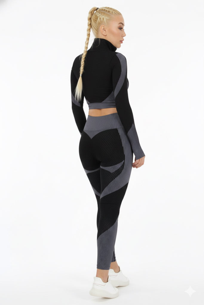 Seamless Women 3pcs Yoga Sets Fitness Sport Suit Long Sleeve Zipper with Sport Bra & Leggings Pants Black & Gray