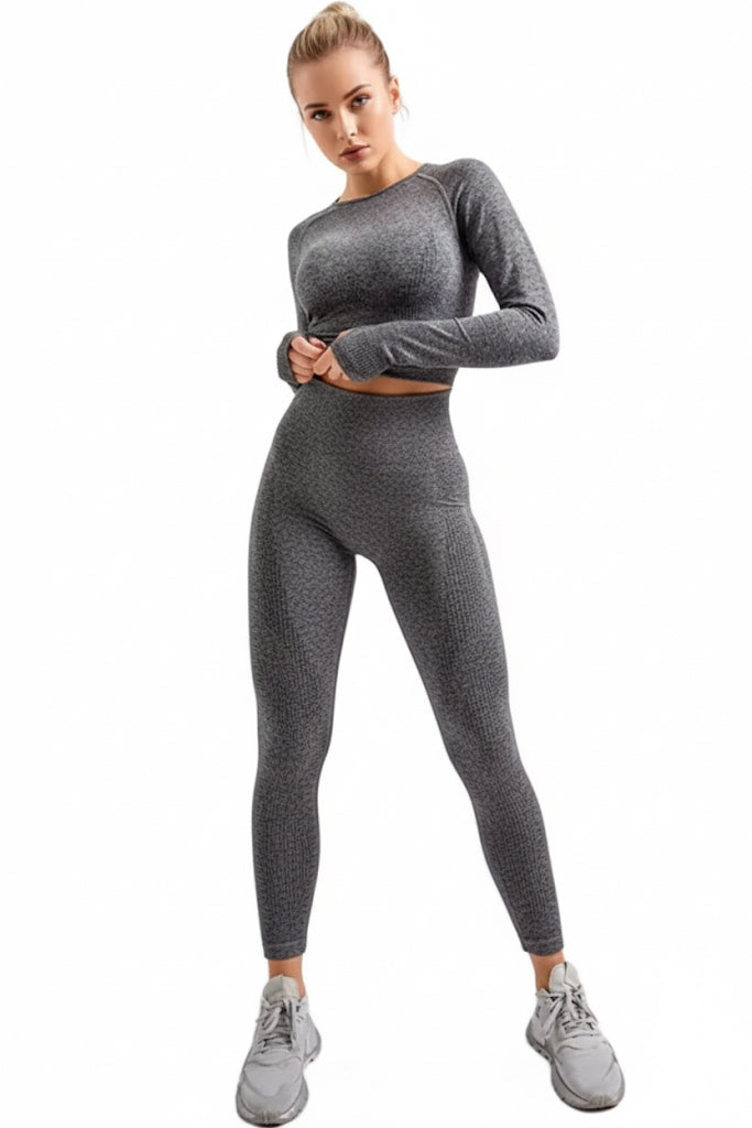Women Seamless Workout Outfits Sport Long Sleeve And Legging Grey Plain