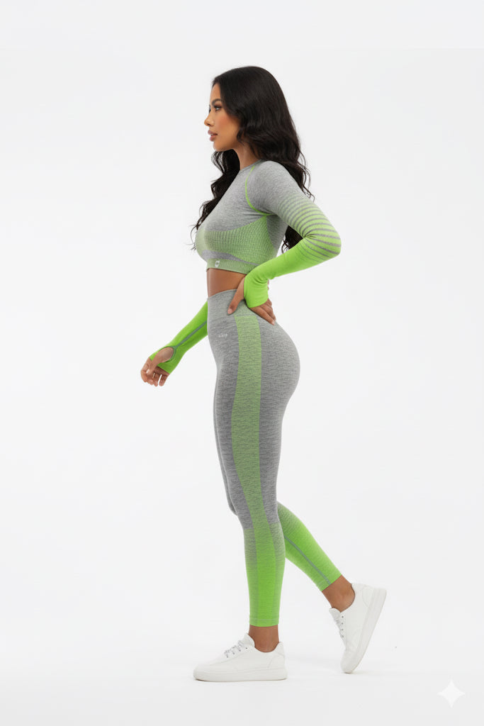 Women Seamless Workout Outfits Sport Long Sleeve And Legging Grey Green