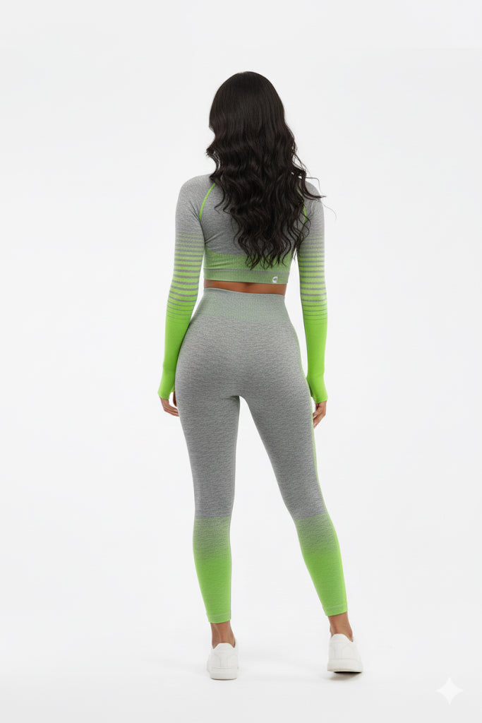 Women Seamless Workout Outfits Sport Long Sleeve And Legging Grey Green