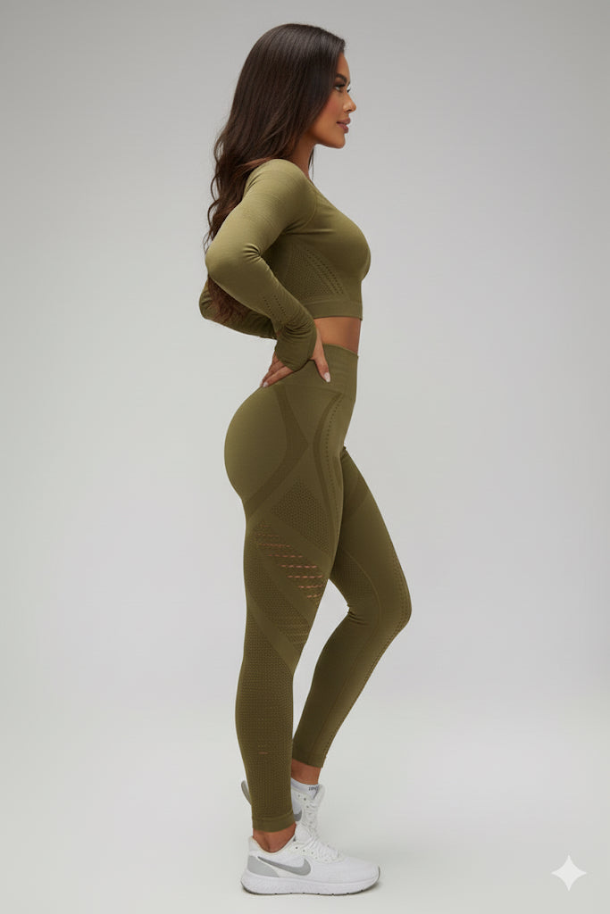 Women Seamless Workout Outfits Sport Long Sleeves And Leggings Khaki