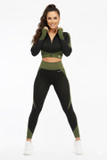 Women Seamless Workout Outfits 2pcs Sport Long Sleeve Zipper And Legging Green Black