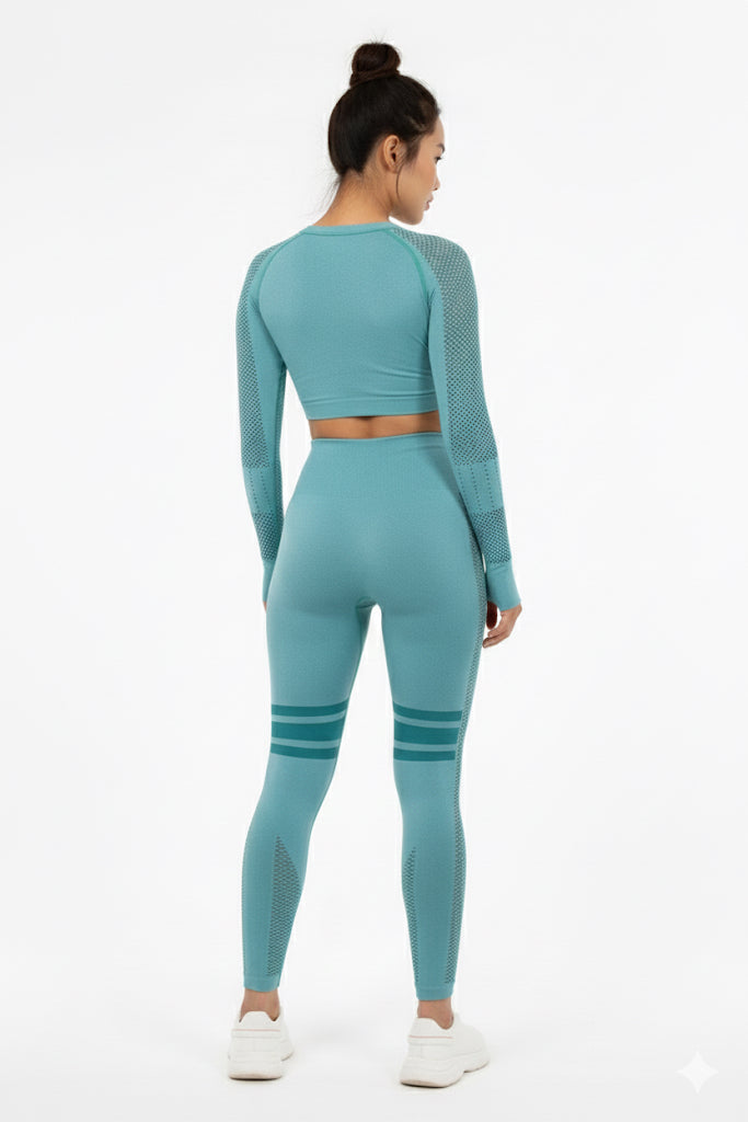 Women Seamless Workout Outfits Sport Long Sleeve And Legging Turquoise Net