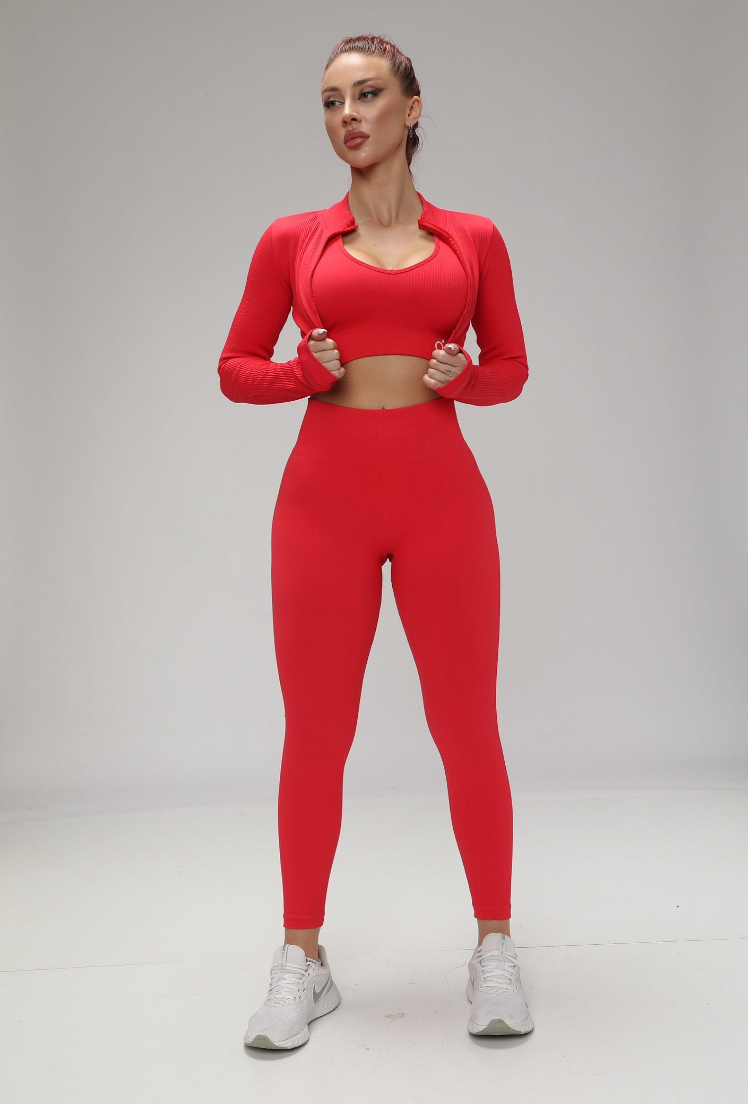 2 Way Zipper Jacket, Padded Sports Bra and Legging Set Red