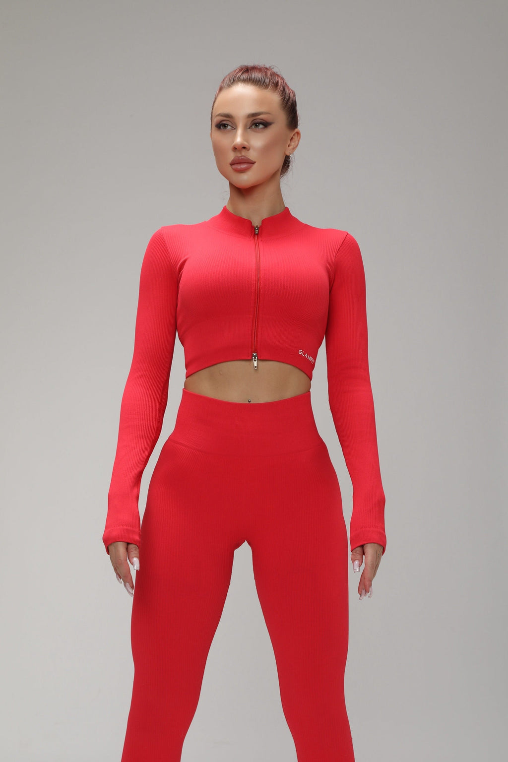 2 Way Zipper Jacket, Padded Sports Bra and Legging Set Red