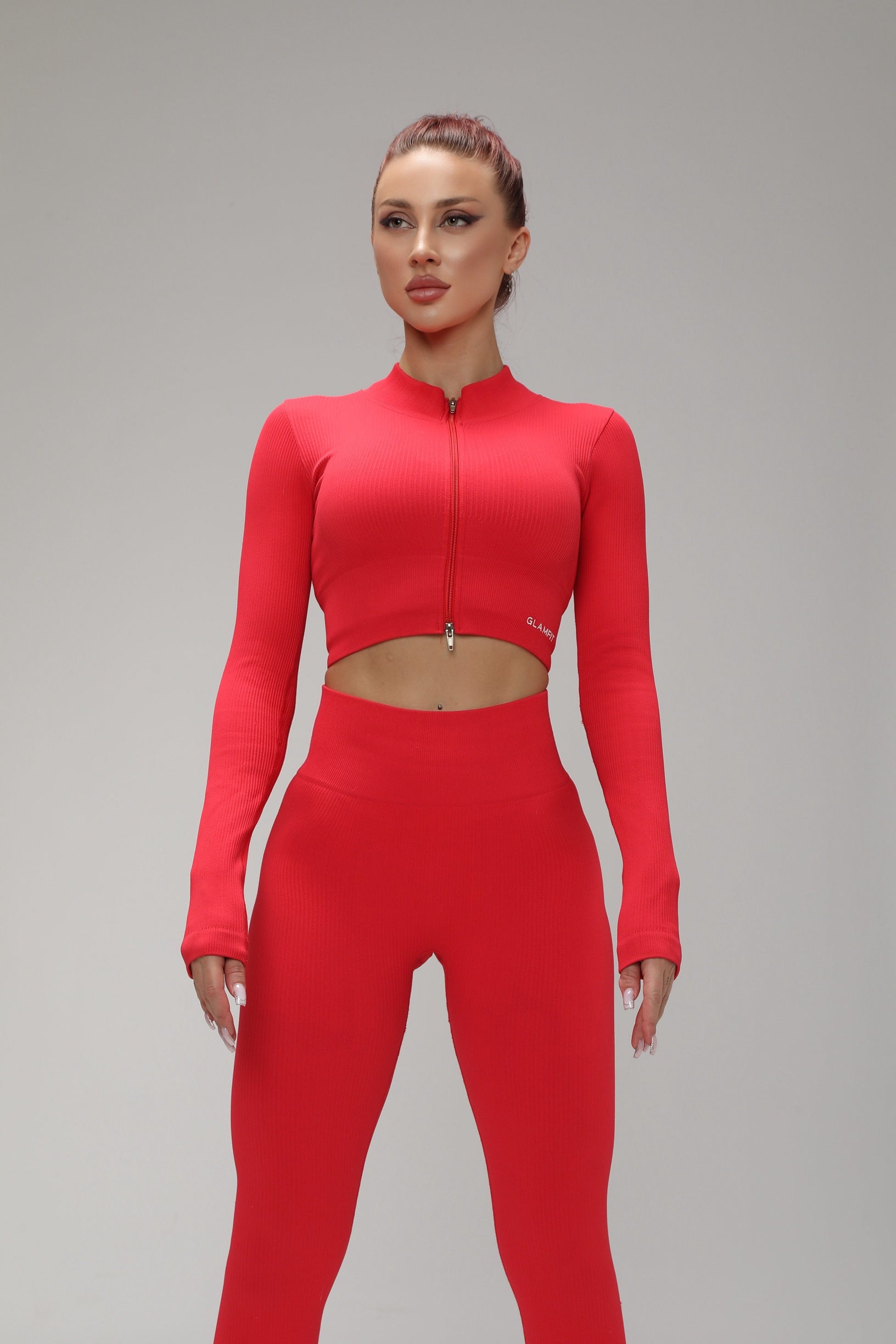 2 Way Zipper Jacket, Padded Sports Bra and Legging Set Red