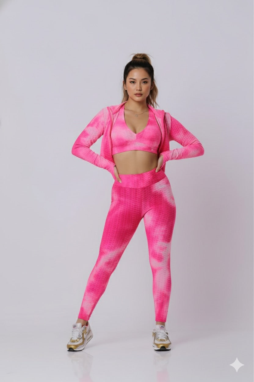 Women Soft Compression Seamless Tie Dye High Waist Leggings Bra and Jacket Set Pink