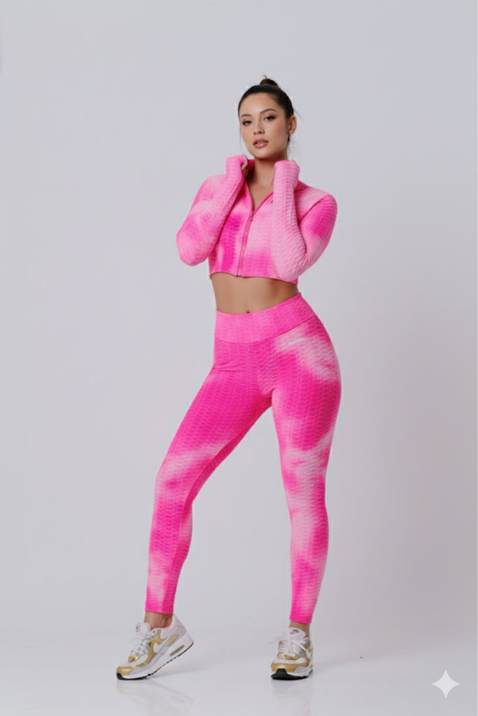 Women Soft Compression Seamless Tie Dye High Waist Leggings Bra and Jacket Set Pink