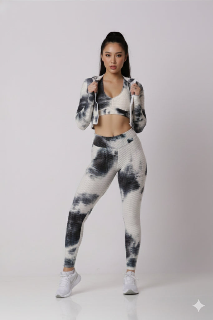 Women Soft Compression Seamless Tie Dye High Waist Leggings Bra and Jacket Set Light Black & White