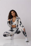 Women Soft Compression Seamless Tie Dye High Waist Leggings Bra and Jacket Set Light Black & White